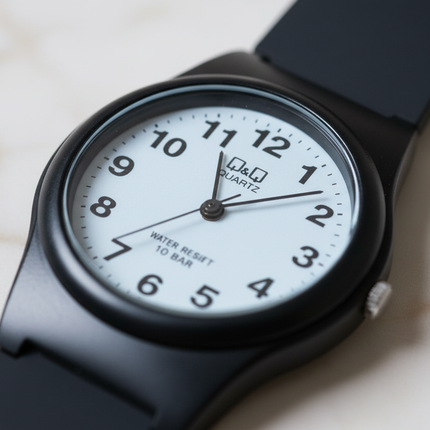 Dettaglio macro quadrante bianco Q&Q con numeri arabi neri