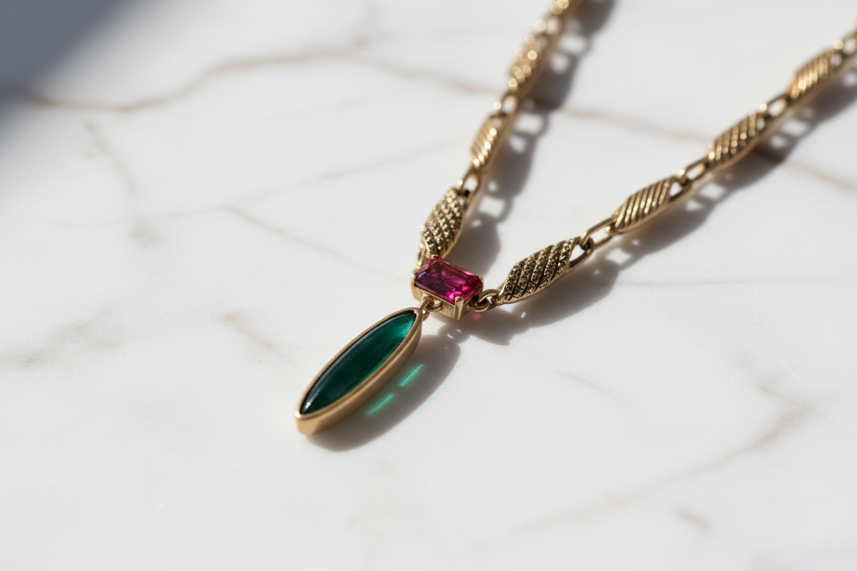 Dettaglio Pendente Smeraldo e Rubino