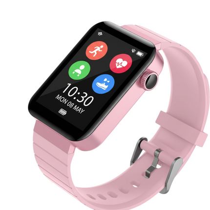 Dettaglio display touchscreen rosa e funzioni fitness