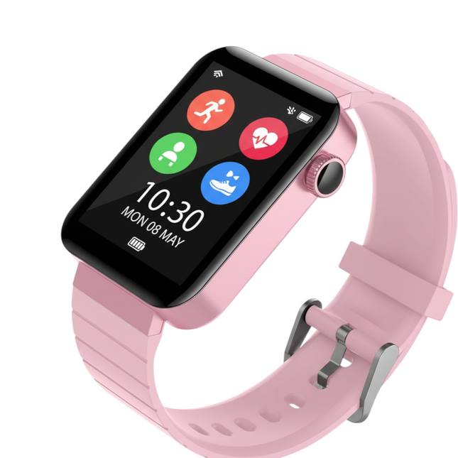 Dettaglio display touchscreen rosa e funzioni fitness