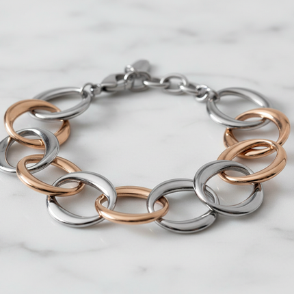 Bracciale 2JEWELS 232351 acciaio bicolore silver rose gold maglie circolari su marmo bianco