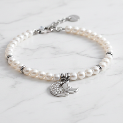 Bracciale 2JEWELS 232342 perle bianche acciaio silver doppio ciondolo mezzaluna cristalli su marmo