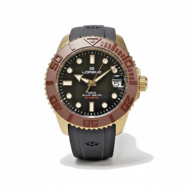 Orologio Uomo Lorenz DI-300 Automatico Diver 300m Oro Cinturino Gomma 030258DD