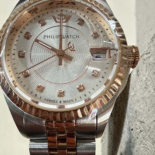 Philip Watch Caribe Donna 31mm bicolore (acciaio e oro rosa) con 12 diamanti sul quadrante silver guilloché.
