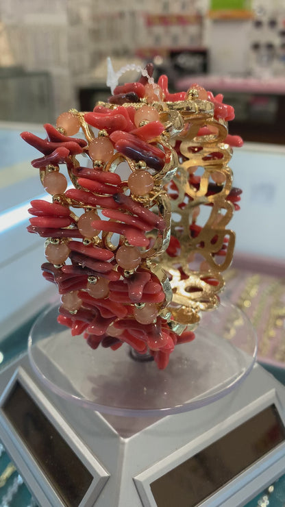 Bracciale Donna Elegante in Metallo Dorato con Sfere e Coralli Sintetici
