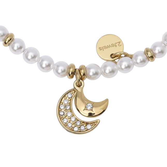 Tempo A Tempo 2Jewels bracelet featuring a gold PVD crescent moon charm with crystals and white pearls on steel chain