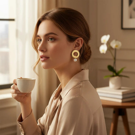 Tempo A Tempo 2Jewels gold-tone steel earrings with white pearls worn by a woman in a beige blouse