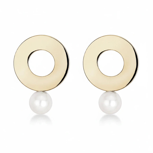 Tempo A Tempo 2Jewels gold-tone steel stud earrings featuring a circular design with a delicate white pearl drop.