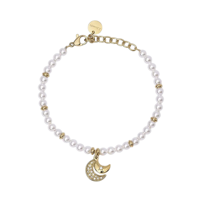 Tempo A Tempo 2Jewels gold PVD steel bracelet with pearls and a crystal-studded crescent moon charm