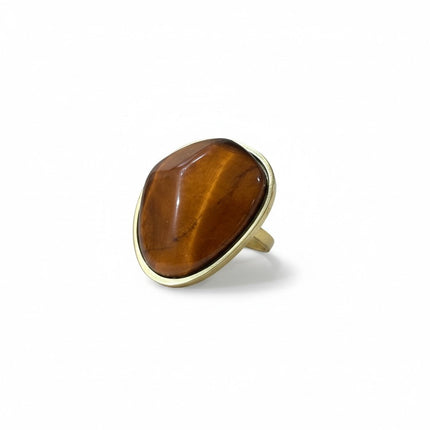 Anello Tempo A Tempo Shelly in acciaio dorato con pietra naturale occhio di tigre, design regolabile ed elegante