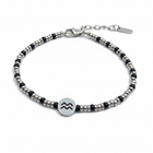 Tempo A Tempo men's steel beaded bracelet with Aquarius zodiac symbol, silver and black beads, adjustable clasp.