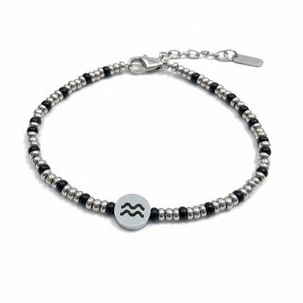 Tempo A Tempo men's steel beaded bracelet with Aquarius zodiac symbol, silver and black beads, adjustable clasp.