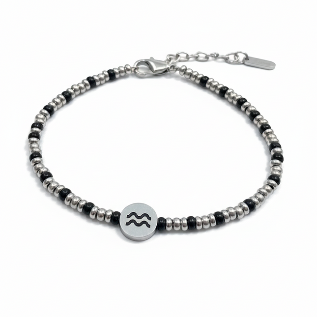 Tempo A Tempo men's steel beaded bracelet with Aquarius zodiac symbol, silver and black beads, adjustable clasp.