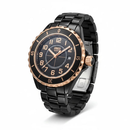 Tempo A Tempo Armada Geneve watch in black with rose gold accents, featuring a black dial and date display.