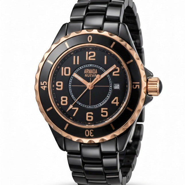 Tempo A Tempo Armada Geneve watch with black dial, rose gold accents, Arabic numerals, and date display.