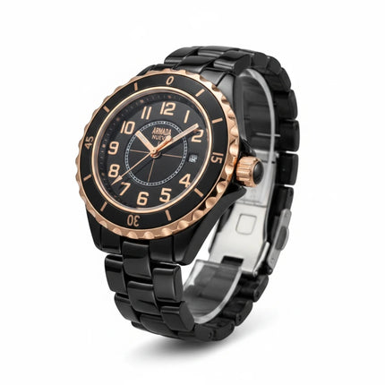 Tempo A Tempo Armada Geneve black watch with rose gold bezel, Arabic numerals, and a date display on a black bracelet.