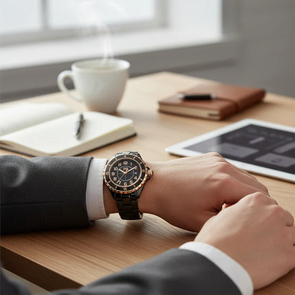 Tempo A Tempo Armada Geneve watch with black dial, rose gold accents, and date display worn on a wrist at a desk.