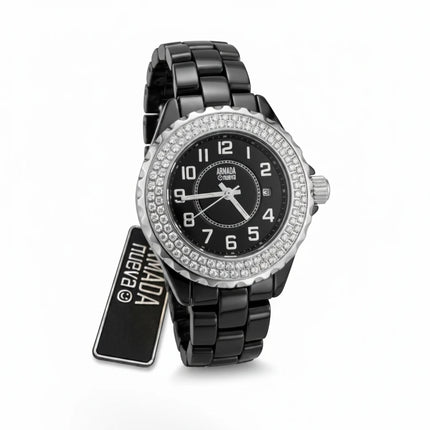 Tempo A Tempo Armada Nueva women's watch in black ceramic with a crystal-encrusted bezel and Arabic numeral dial.