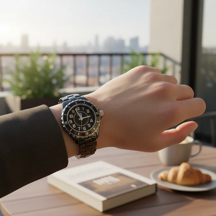Tempo A Tempo Armada Nueva black ceramic watch with date display worn on a wrist, featuring a sleek dark dial.