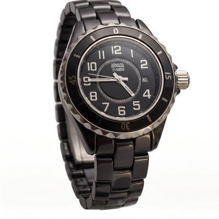 Tempo A Tempo Armada Nueva black ceramic watch with a black analog dial, silver numerals, and a date display window.