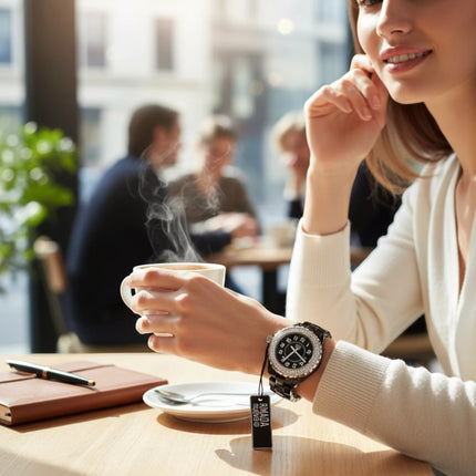 Woman wearing a Tempo A Tempo Armada Nueva black ceramic watch with a crystal bezel while holding a coffee cup