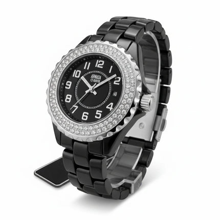 Tempo A Tempo Armada Nueva women's black ceramic watch with a crystal-studded bezel and Arabic numeral dial.