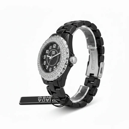 Tempo A Tempo Armada Nueva women's black ceramic watch with a crystal-encrusted bezel and black dial