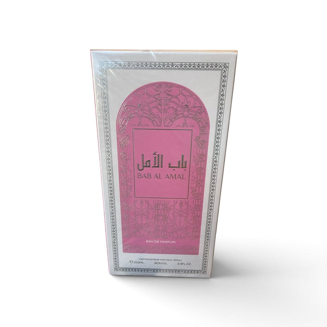 Confezione del profumo Tempo A Tempo Bab Al Amal Eau de Parfum 100ml con design orientale rosa e bianco