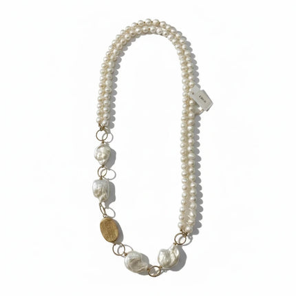 Tempo A Tempo handmade 60cm long necklace featuring irregular baroque cultured pearls and gold-tone metal accents