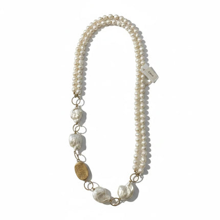 Tempo A Tempo long necklace featuring cultured baroque pearls and gold-tone accents, handcrafted 60cm design.