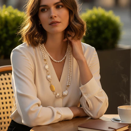 Tempo A Tempo long necklace with baroque pearls and gold accents worn by a woman in a white blouse at a cafe