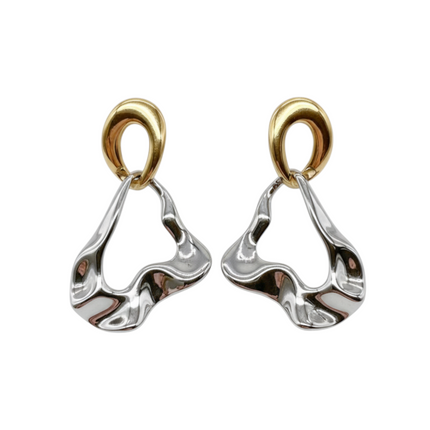 Tempo A Tempo women's irregular bicolore gold and silver stainless steel modern drop earrings, 4cm