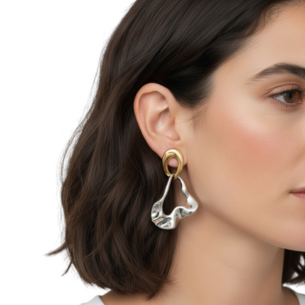 Tempo A Tempo modern irregular bicolore gold and silver steel drop earrings, 4cm