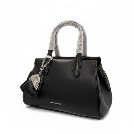 Tempo A Tempo black ecopelle mini bag with heart charm on silver chain, doctor bag style, silver hardware.