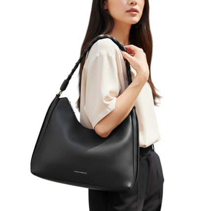 Tempo A Tempo black faux leather hobo bag with braided handle and silver hardware.