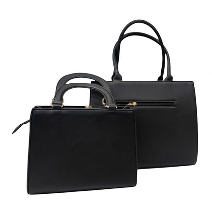 Tempo A Tempo set of 3 black leather handbags with leopard print accents and adjustable shoulder straps.