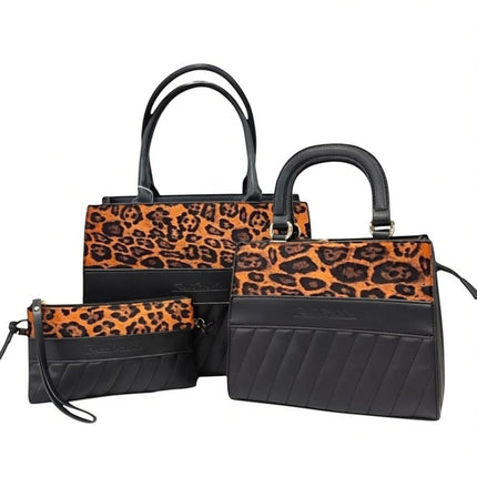 Tempo A Tempo set of 3 black leather bags with leopard print panels and quilted details. Includes tote, handbag, and clutch.