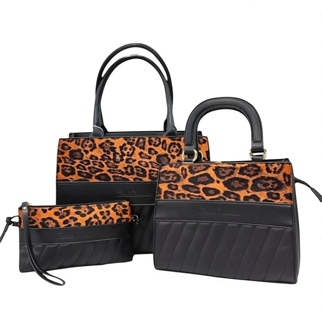 Tempo A Tempo set of 3 black leather bags with leopard print panels and quilted details. Includes tote, handbag, and clutch.