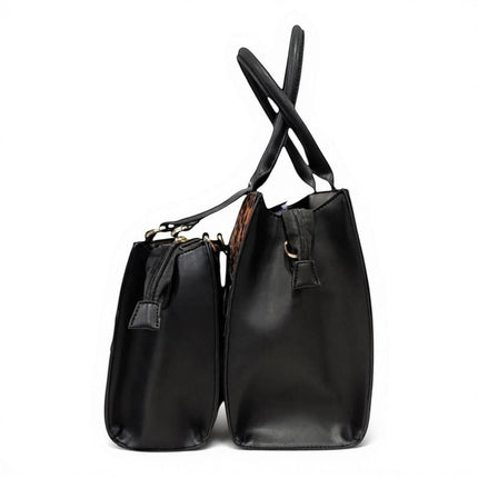 Tempo A Tempo set of 3 black leather handbags with leopard print accents and adjustable shoulder straps.