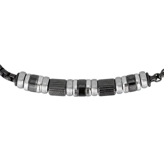 Tempo A Tempo men's black IP steel bracelet with distinctive central elements and box chain. Modern casual style.