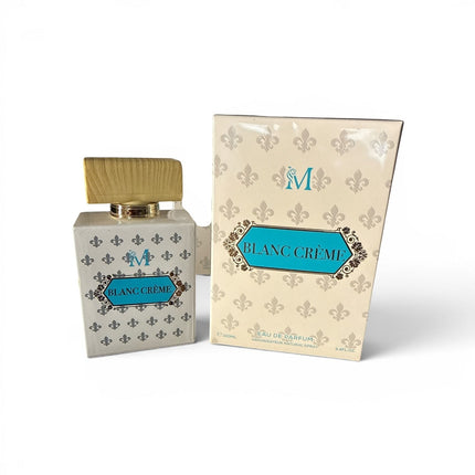 Tempo A Tempo Blanc Crème Eau de Parfum 100ml spray bottle and box with fleur-de-lis pattern and gold cap.