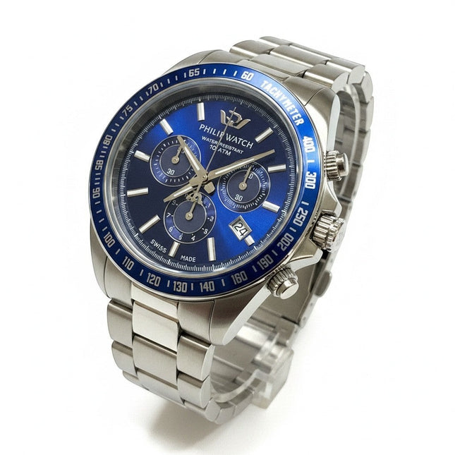 Tempo A Tempo men's blue chronograph watch with stainless steel band and tachymeter bezel, Swiss Made.