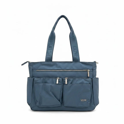 Tempo A Tempo blue nylon tote bag with multiple pockets and logoed handles. Ideal for everyday use.