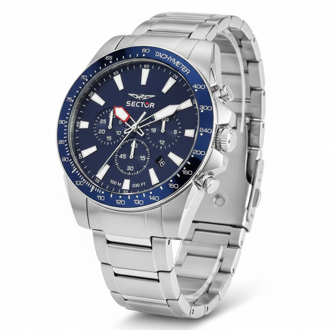 Tempo A Tempo men's stainless steel chronograph watch with blue dial, tachymeter bezel, and date window. 43mm case.