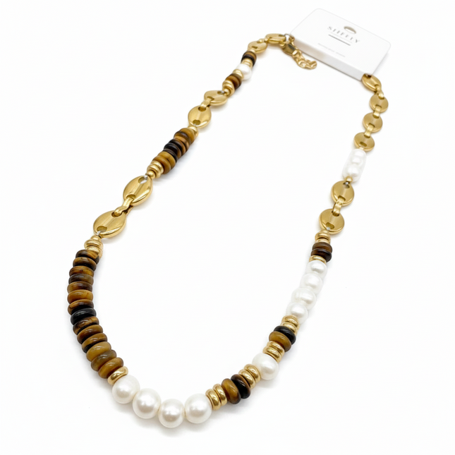 Tempo A Tempo boho chic necklace with pearls, tiger's eye beads, and gold-tone details.