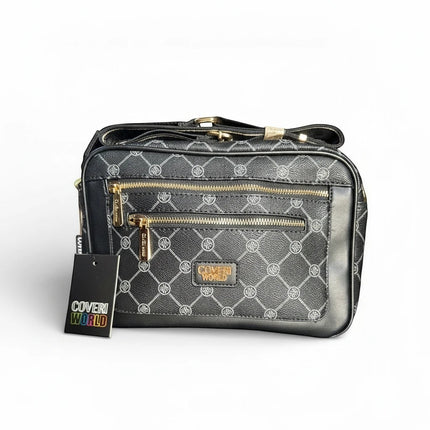 Borsa a tracolla Coveri World nera in ecopelle con monogramma argento e finiture oro, doppie zip frontali e 3 tasche.