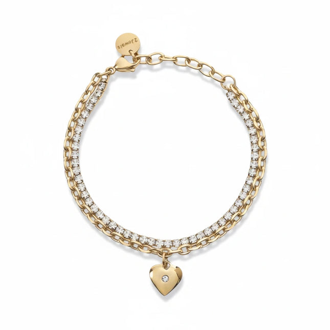 Bracciale Tempo A Tempo 2Jewels a doppio filo in acciaio PVD gold con ciondolo a cuore e cristalli luminosi