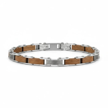 Bracciale uomo Tempo A Tempo 2Jewels in acciaio 316L e legno naturale con design a maglie