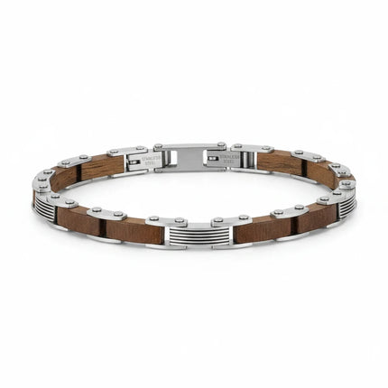 Bracciale uomo Tempo A Tempo 2Jewels in acciaio 316L e legno naturale con design a maglie