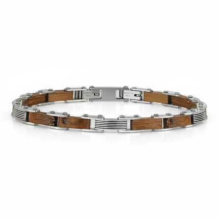 Bracciale uomo Tempo A Tempo 2Jewels in acciaio 316L e legno naturale con design a maglie